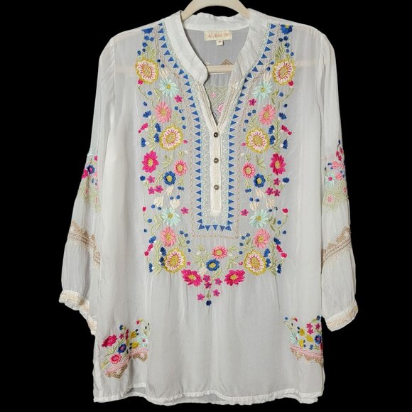 All About Her White Floral Embroidered Boho Sheer Cottagecore Peasant Top M - Picture 1 of 11